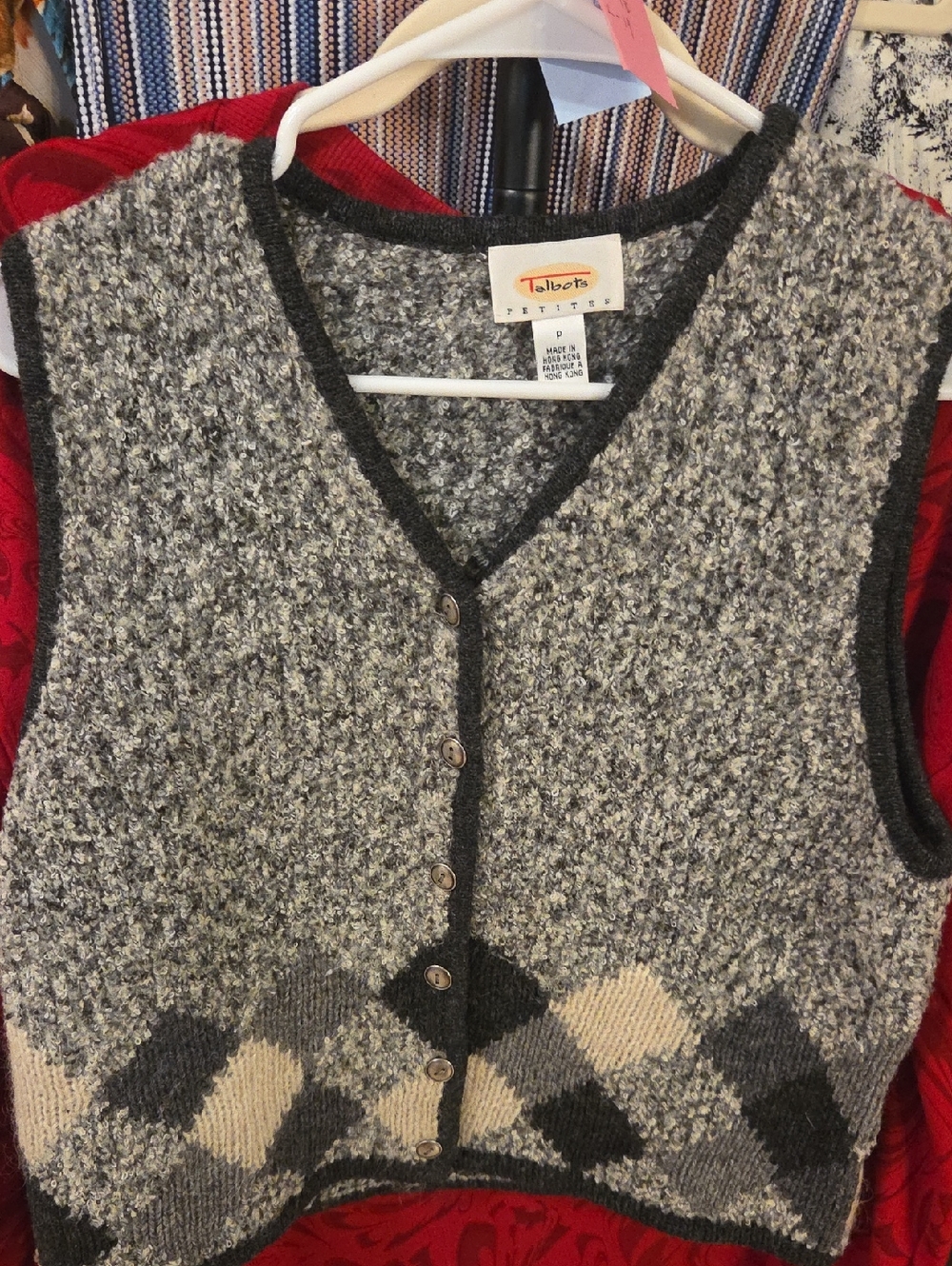 Talbots Gray & Cream Argyle Wool-Blend Buttoned Sweater Vest